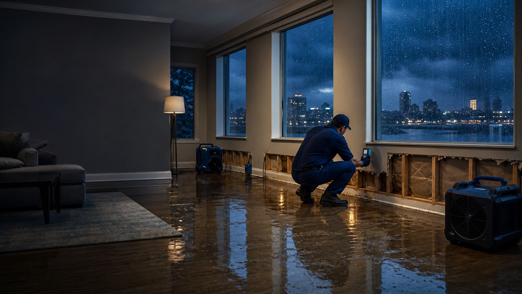 Restoration technician assessing water damage after a North Texas storm